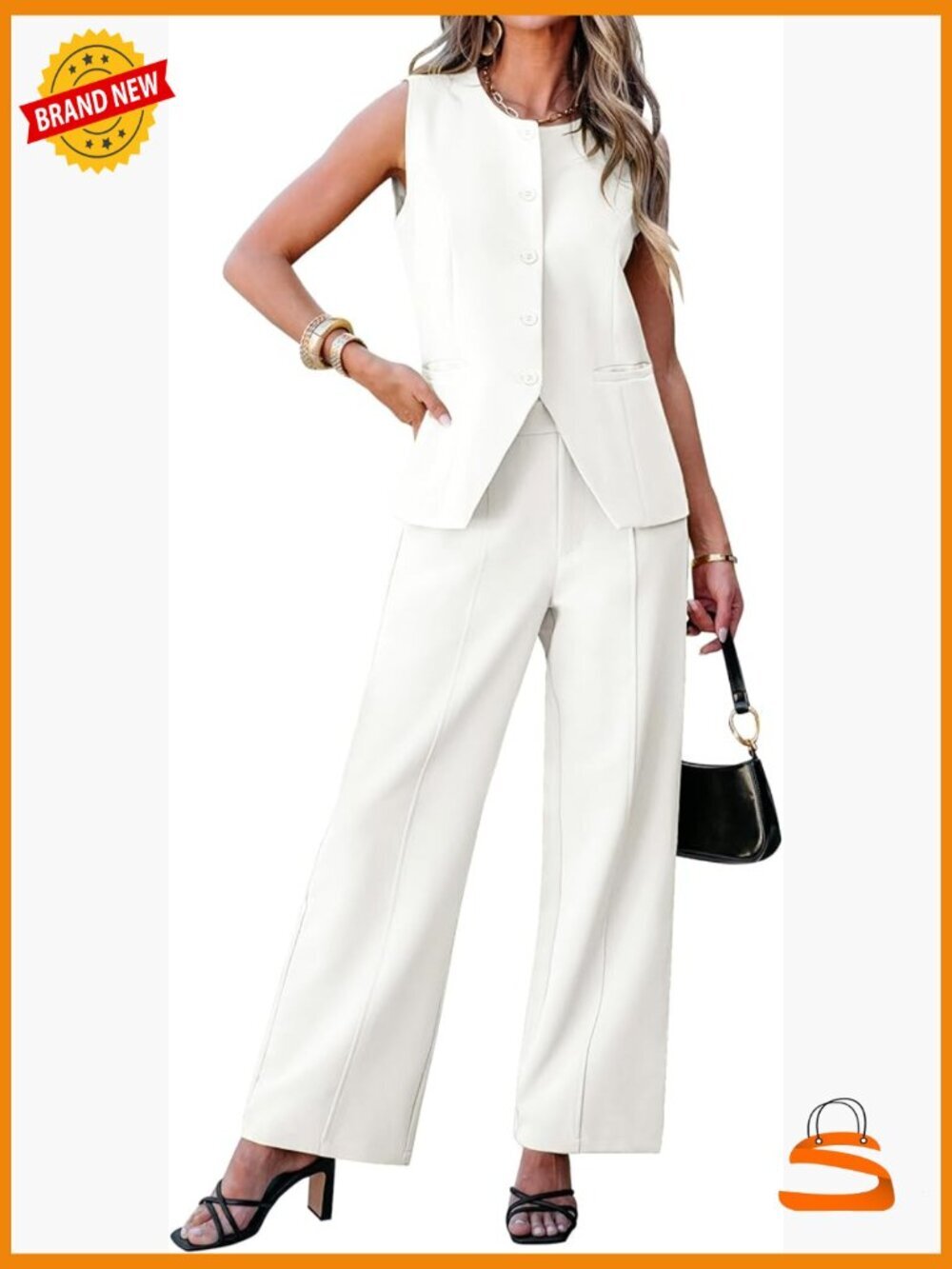 2 Piece Pantsuit Set Sleeveless Blazer Vest Wide Leg Pants Business Casual